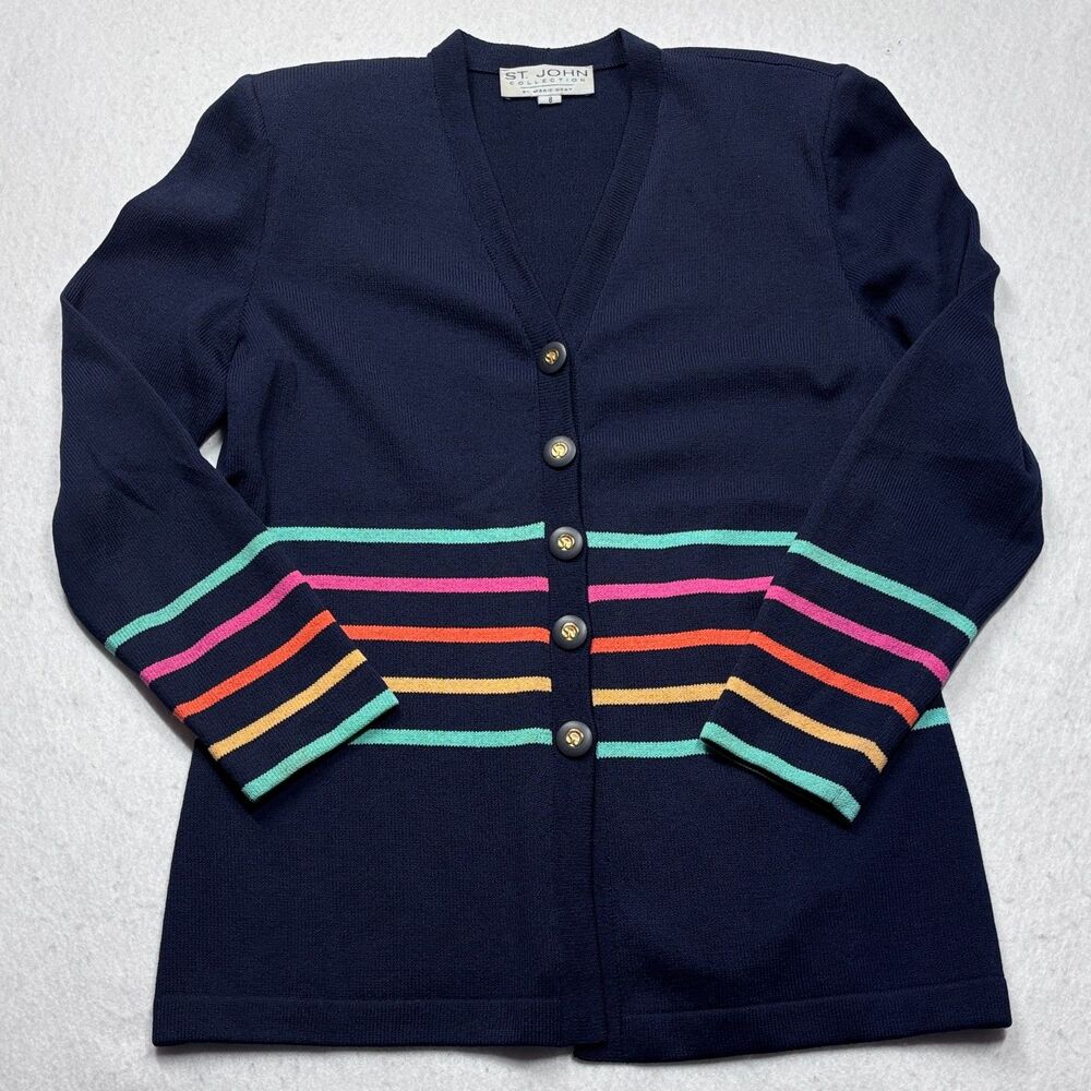 St John Collection Marie Gray Cardigan Sweater Ladies 8 Navy Rainbow Stripe Gold